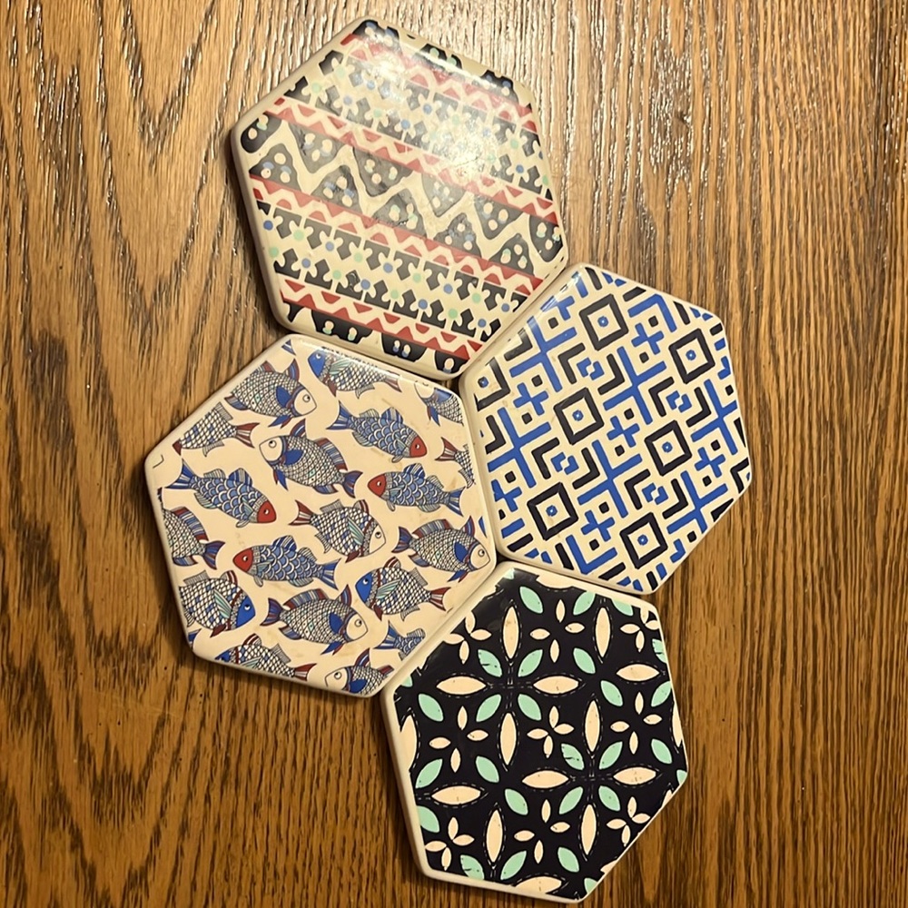 Coasters 4 piece coastal geometric anthropology style coordinating